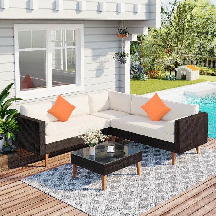 4 Piece Outdoor Wicker Sofa Set with Coffee Table and Cushions