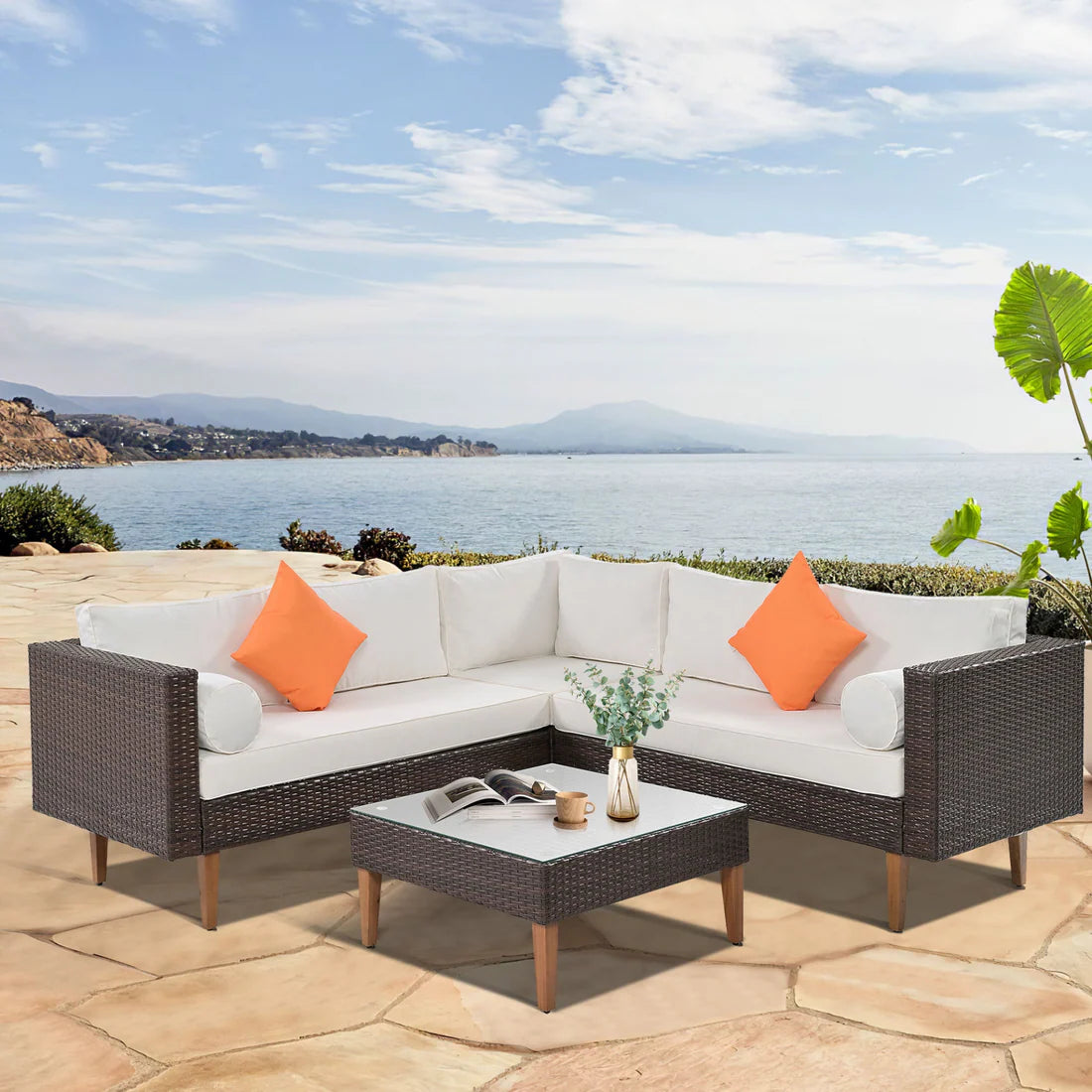 4 Piece Outdoor Wicker Sofa Set with Coffee Table and Cushions