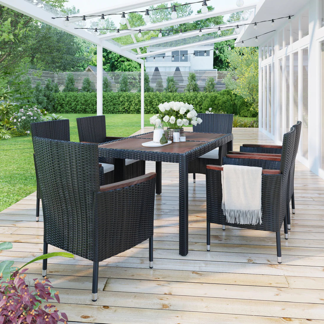 7 Piece Outdoor Dining Set with Acacia Wood Table and Cushioned Wicker Chairs