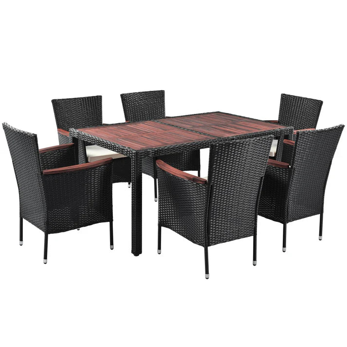 7 Piece Outdoor Dining Set with Acacia Wood Table and Cushioned Wicker Chairs