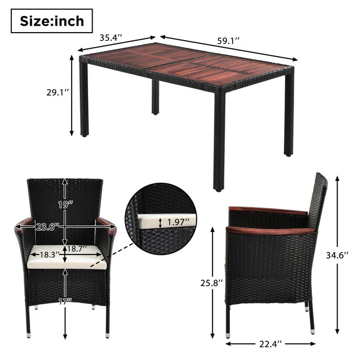 7 Piece Outdoor Dining Set with Acacia Wood Table and Cushioned Wicker Chairs