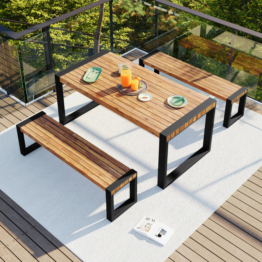 3 Piece Outdoor Dining Set with Acacia Wood Table and Benches