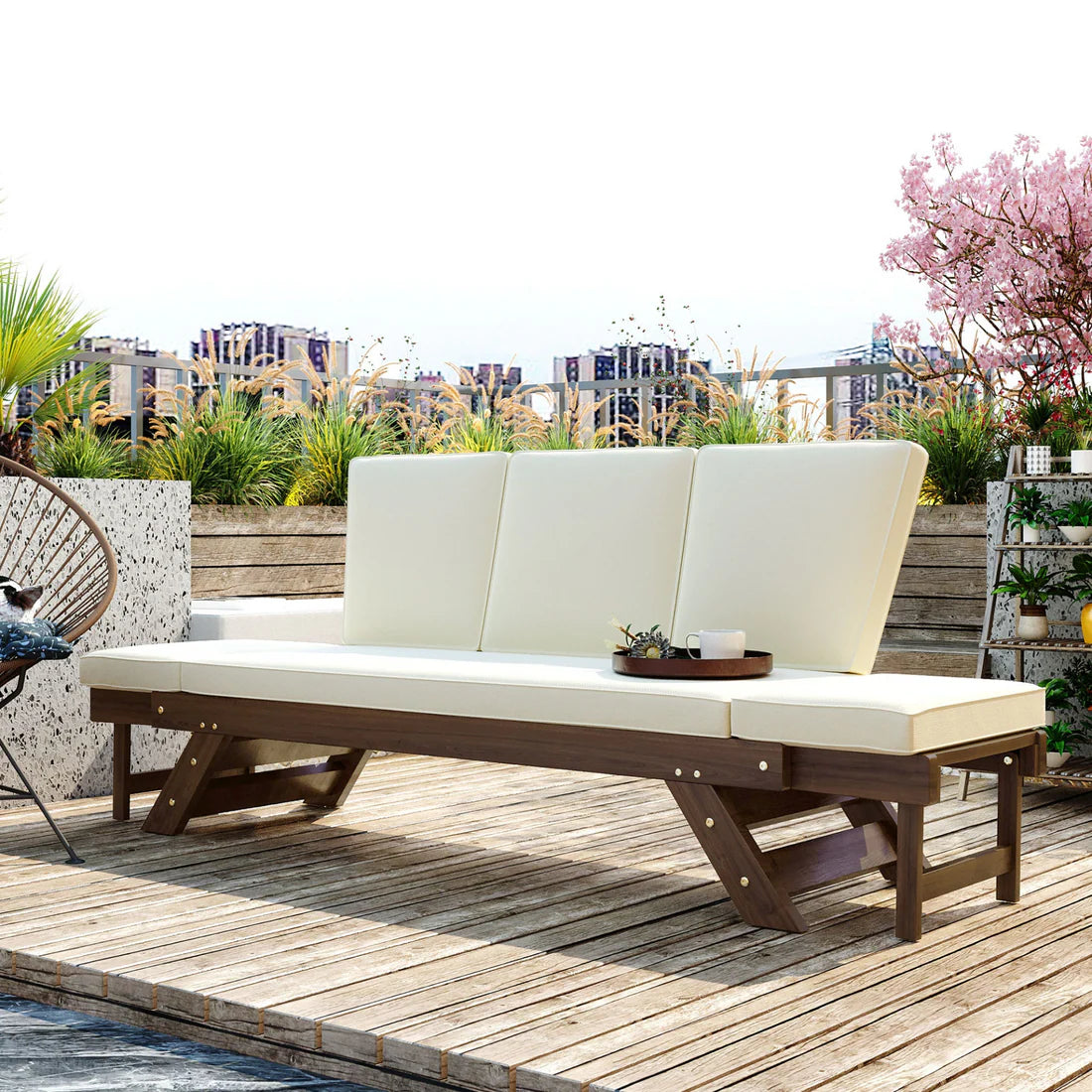 Adjustable Outdoor Wooden Daybed Sofa with Cushions