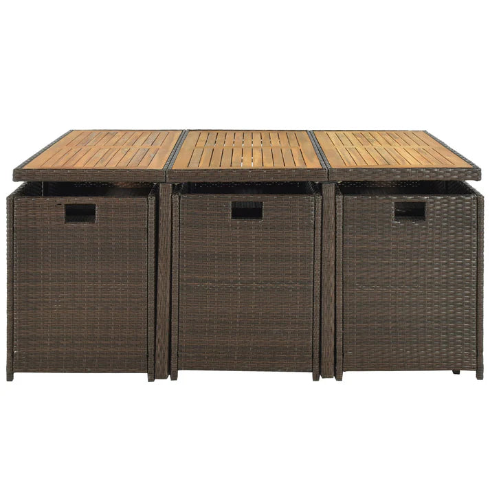 11 Piece Outdoor Dining Set with Wicker Chairs, Ottomans, and Acacia Wood Table