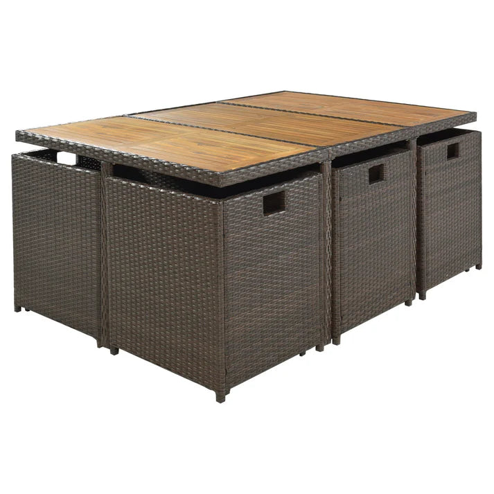 11 Piece Outdoor Dining Set with Wicker Chairs, Ottomans, and Acacia Wood Table