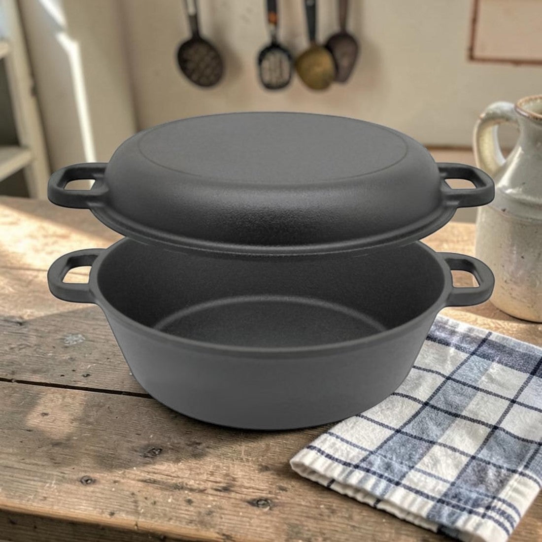 2 in 1 Cast Iron, Double Dutch Oven with Skillet Lid, 3 Qt