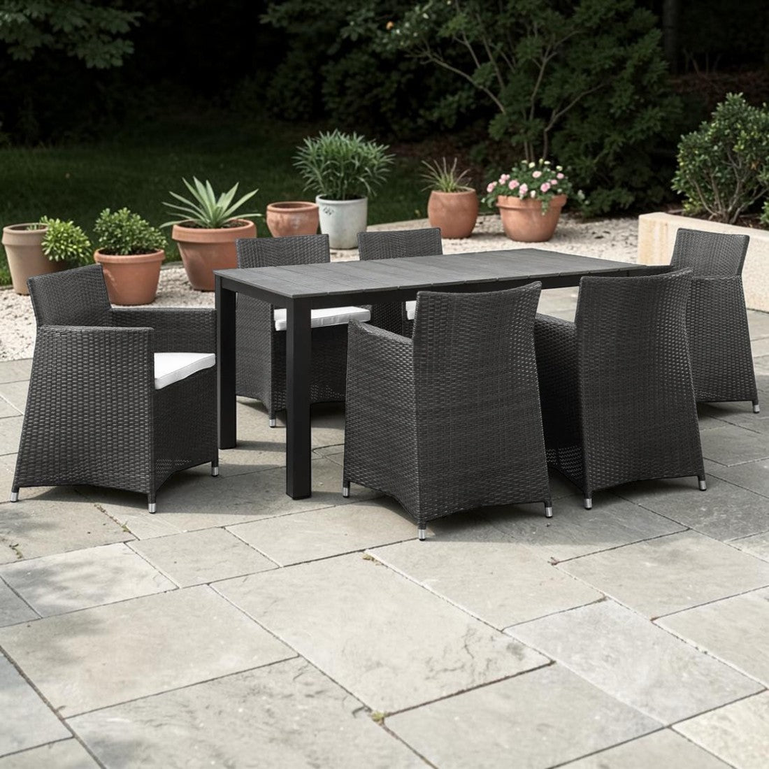 7 Piece Outdoor Dining Set with Rattan Armchairs and Rectangular Table