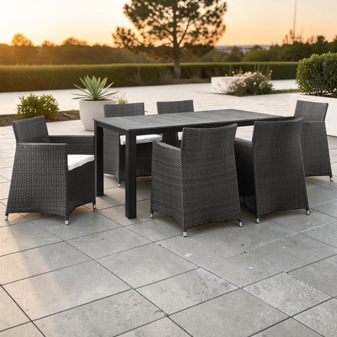 7 Piece Outdoor Dining Set with Rattan Armchairs and Rectangular Table