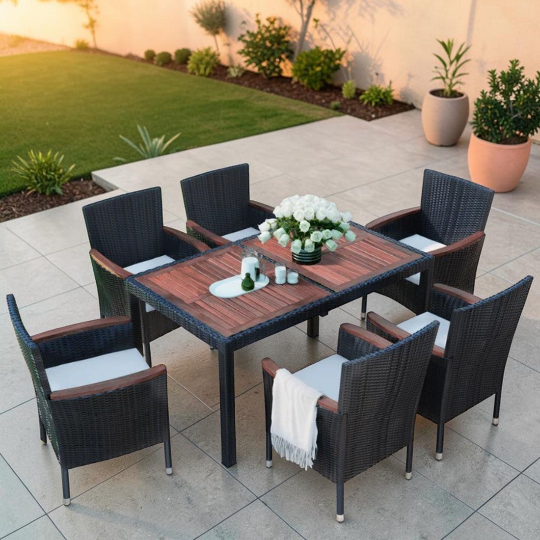 7 Piece Outdoor Dining Set with Acacia Wood Table and Cushioned Wicker Chairs