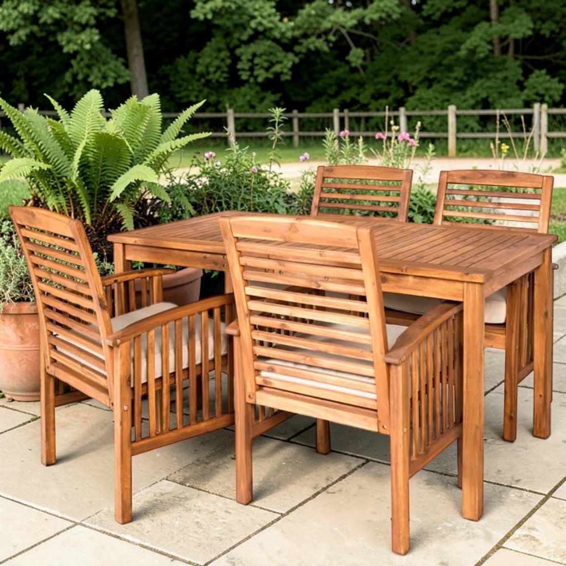 5 Piece Acacia Wood, Outdoor Dining Set with Cushioned Chairs