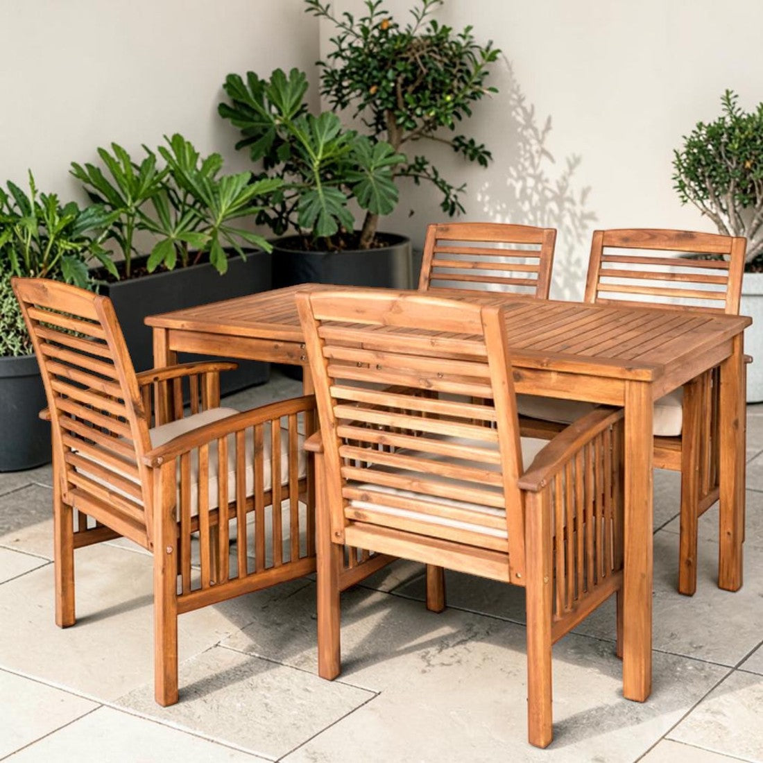 5 Piece Acacia Wood, Outdoor Dining Set with Cushioned Chairs