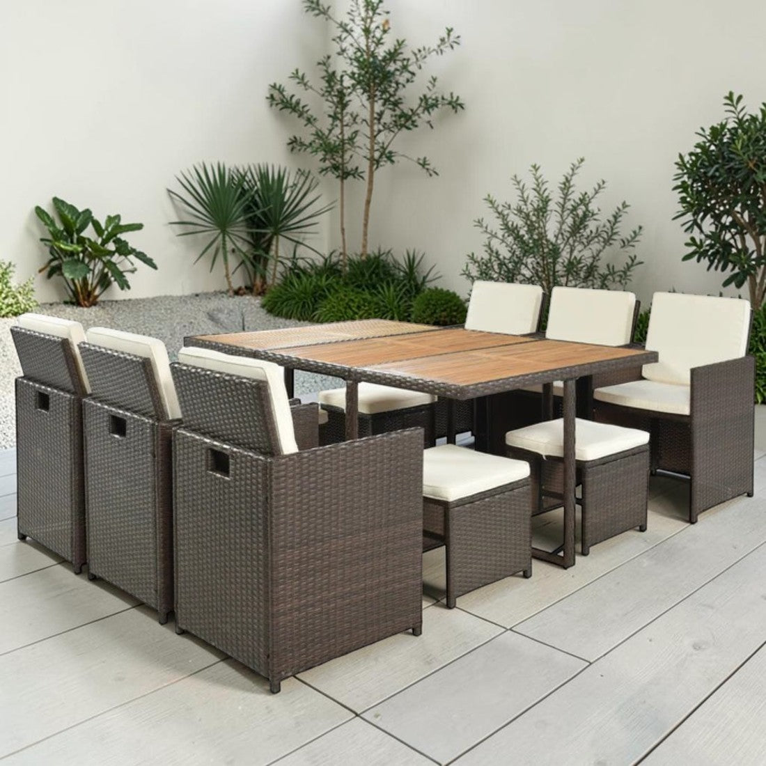 11 Piece Outdoor Dining Set with Wicker Chairs, Ottomans, and Acacia Wood Table
