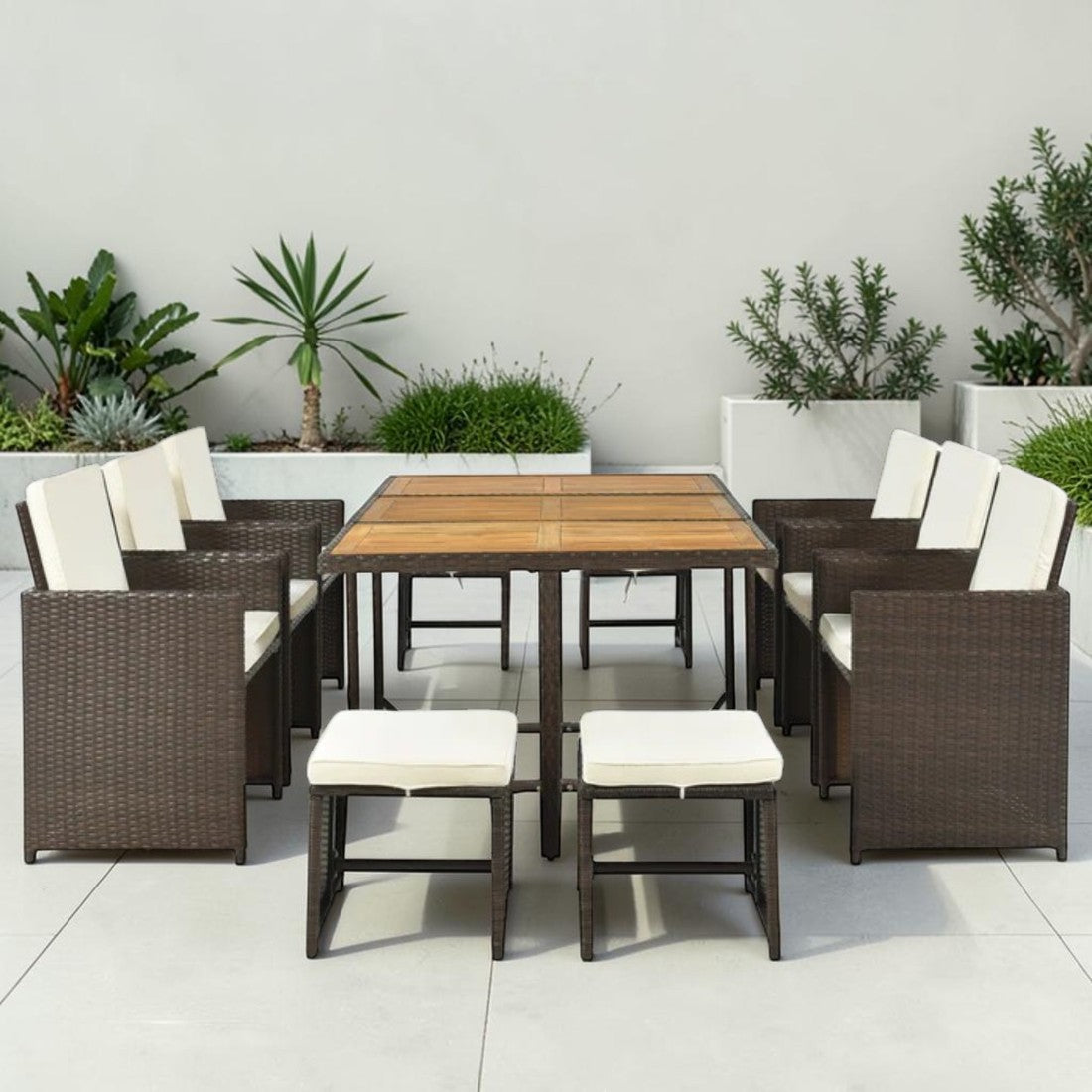 11 Piece Outdoor Dining Set with Wicker Chairs, Ottomans, and Acacia Wood Table
