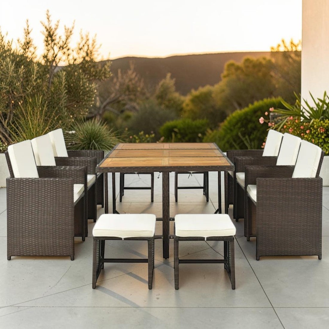11 Piece Outdoor Dining Set with Wicker Chairs, Ottomans, and Acacia Wood Table