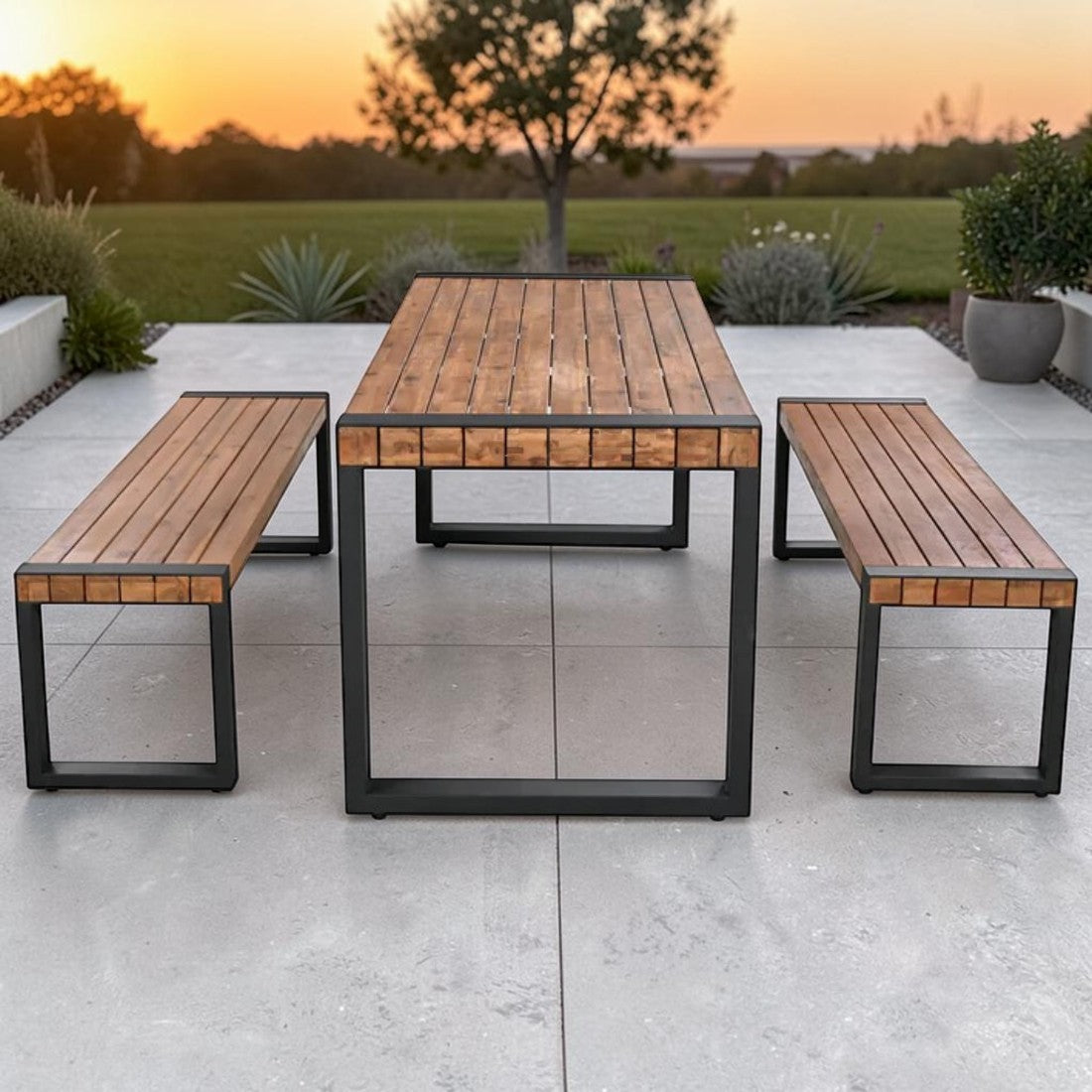 3 Piece Outdoor Dining Set with Acacia Wood Table and Benches