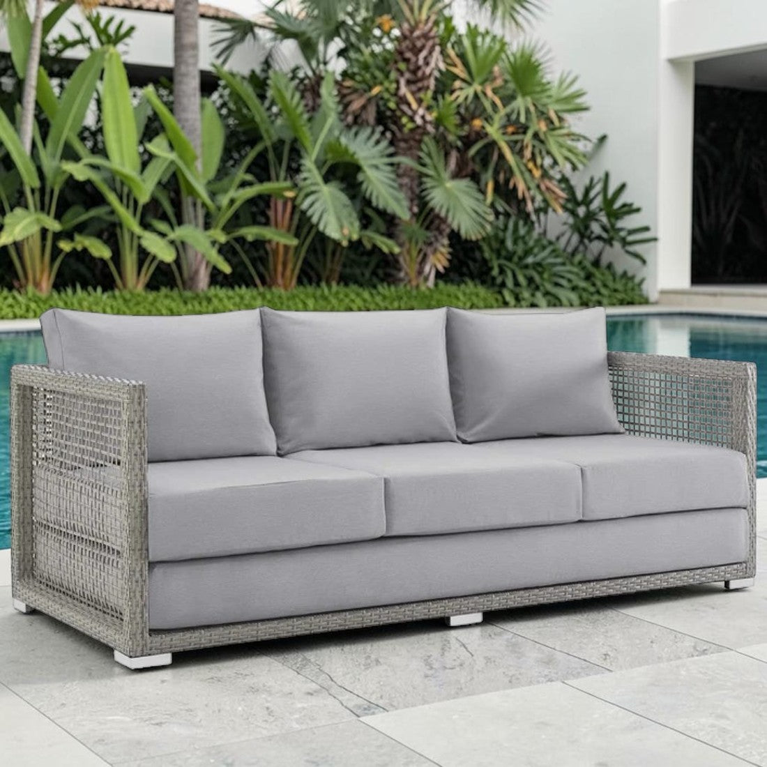 Gray Wicker, Outdoor Sofa with Cushioned Seating