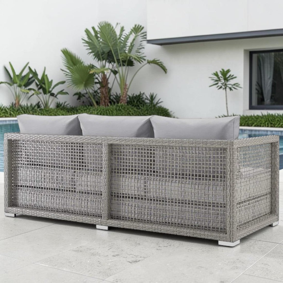 Gray Wicker, Outdoor Sofa with Cushioned Seating