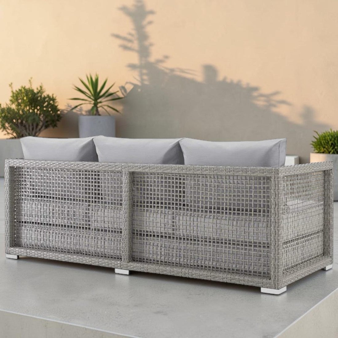 Gray Wicker, Outdoor Sofa with Cushioned Seating