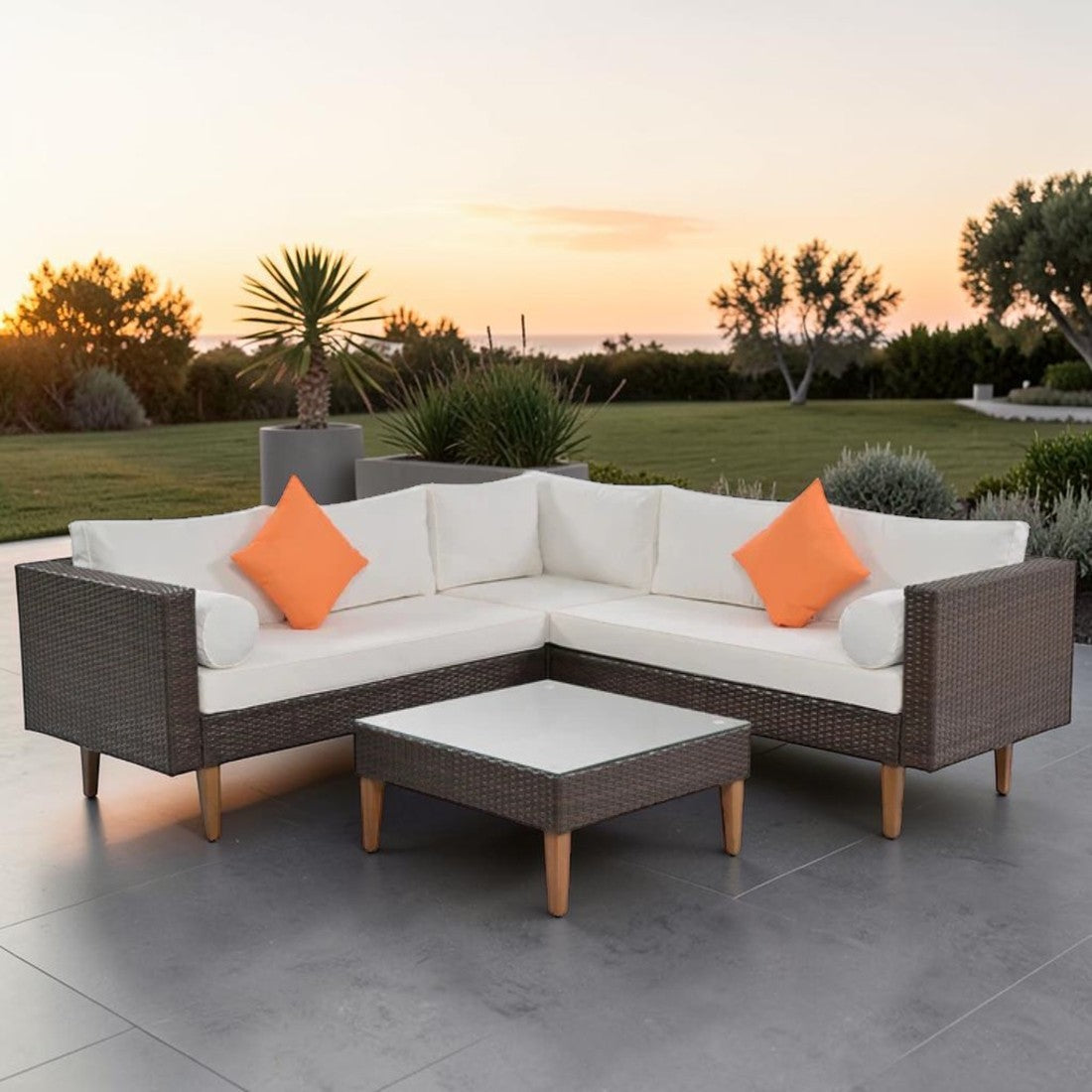 4 Piece Outdoor Wicker Sofa Set with Coffee Table and Cushions