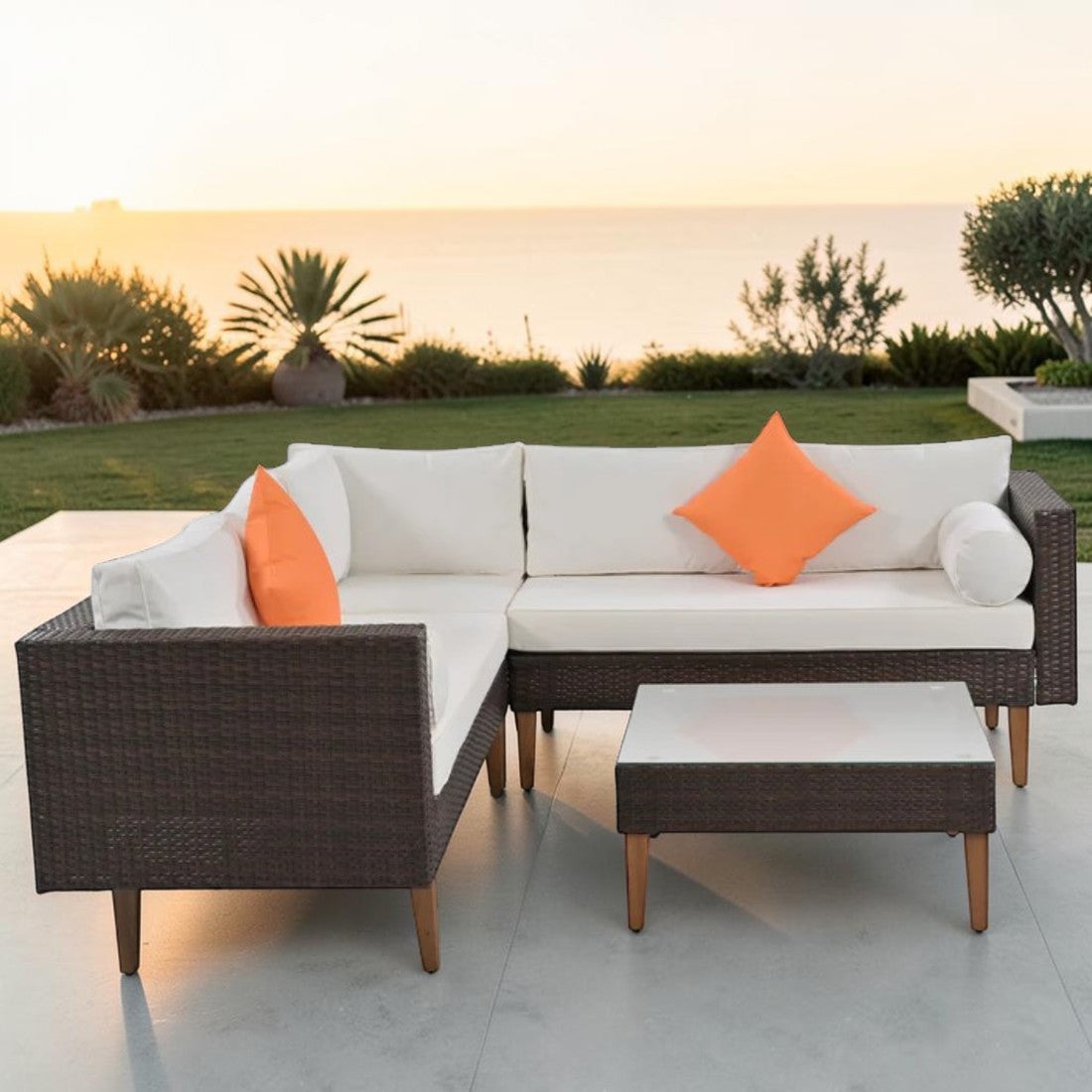 4 Piece Outdoor Wicker Sofa Set with Coffee Table and Cushions