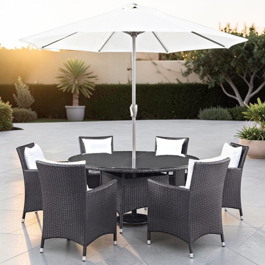 8 Piece Outdoor Dining Set with Umbrella and Wicker Chairs