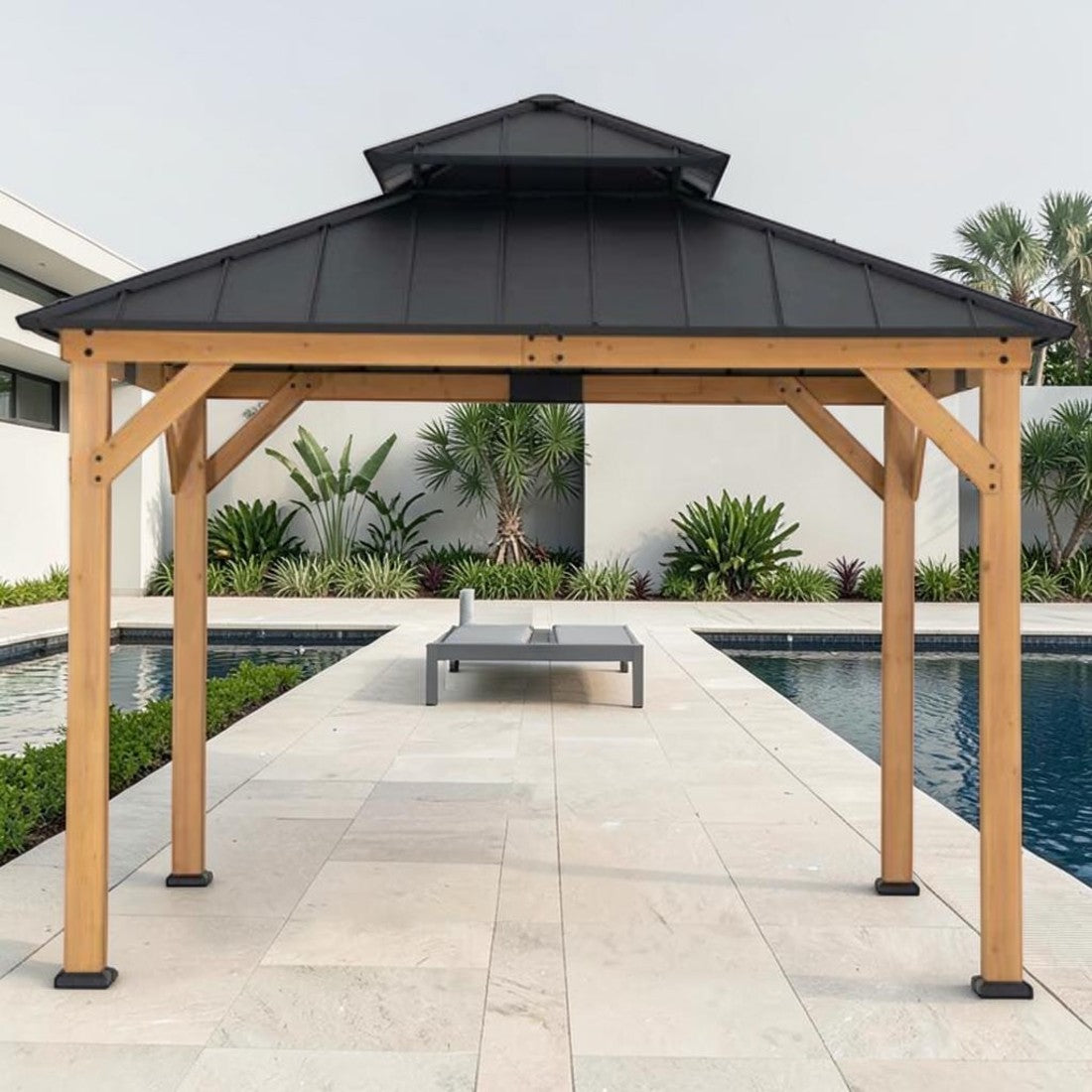 Cedar Wood Hardtop Gazebo with Steel Roof and Ceiling Hook, 11 ft.