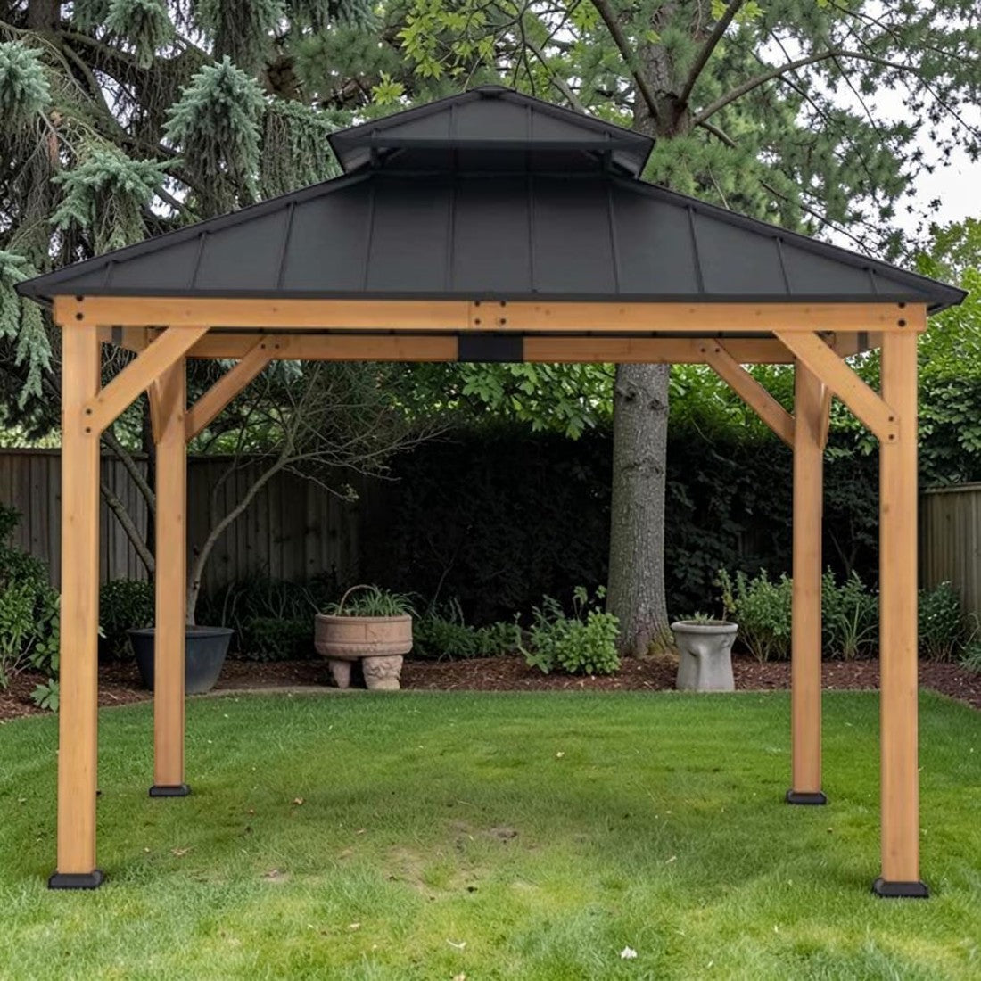 Cedar Wood Hardtop Gazebo with Steel Roof and Ceiling Hook, 11 ft.