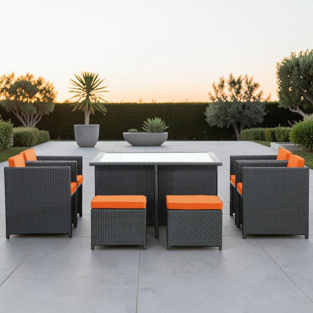 9 Piece Outdoor Dining Set with Wicker Chairs, Stools, and Glass Top Table