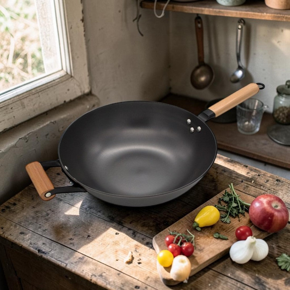 Lightweight Cast Iron, Kitchen Wok with Wooden Handles and Glass Lid