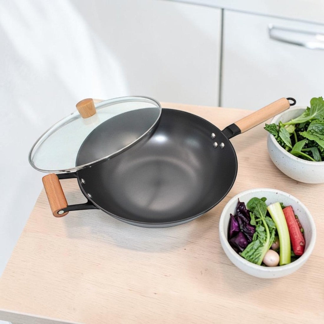 Lightweight Cast Iron, Kitchen Wok with Wooden Handles and Glass Lid