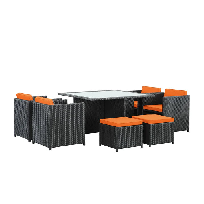 9 Piece Outdoor Dining Set with Wicker Chairs, Stools, and Glass Top Table
