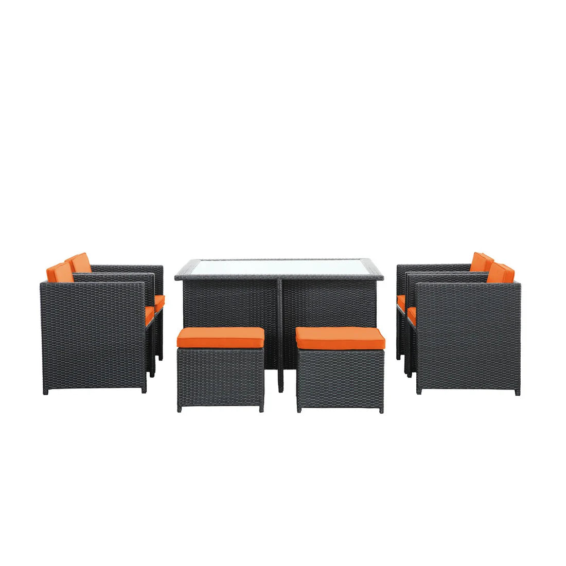 9 Piece Outdoor Dining Set with Wicker Chairs, Stools, and Glass Top Table