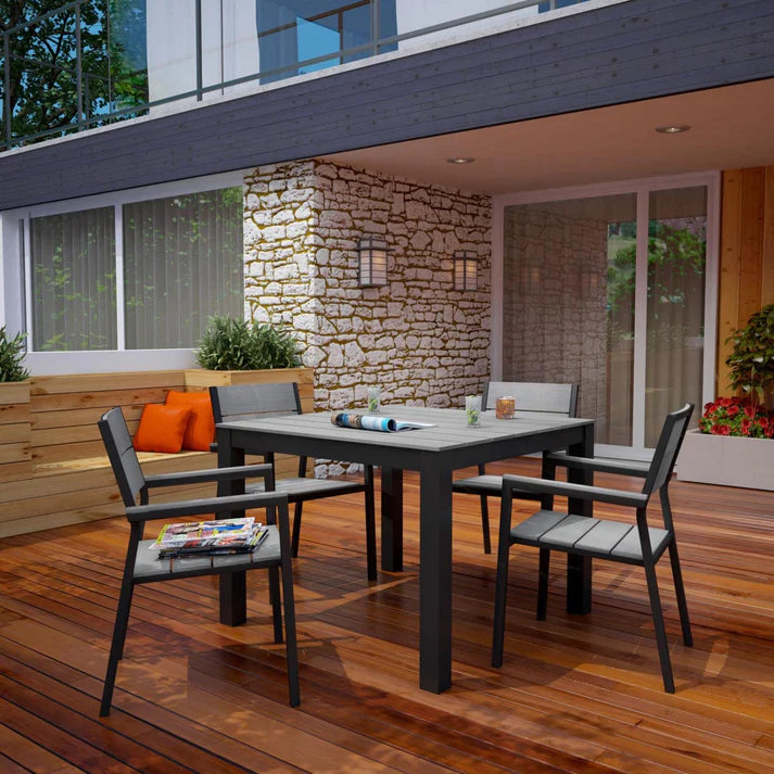 5 Piece Outdoor Dining Set with Aluminum Frame and Gray Wood Look Tabletop