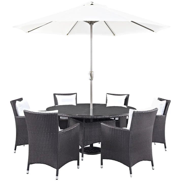 8 Piece Outdoor Dining Set with Umbrella and Wicker Chairs