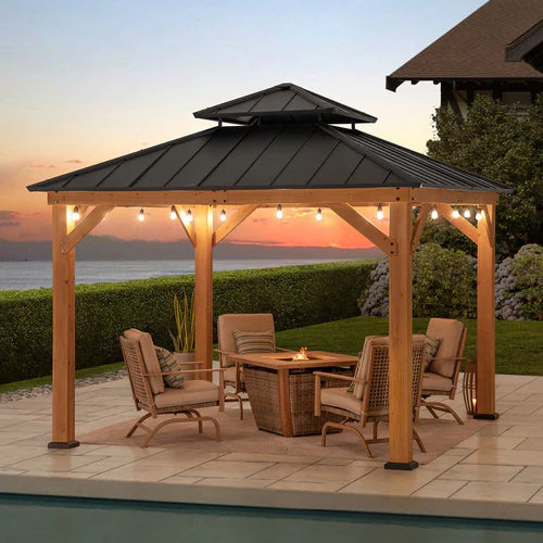 Cedar Wood Hardtop Gazebo with Steel Roof and Ceiling Hook, 11 ft.