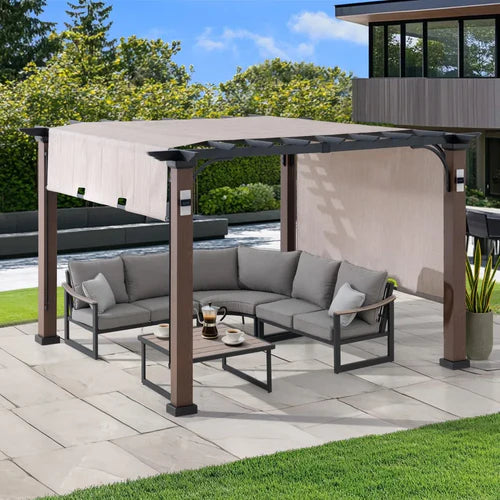 Metal Pergola with Sliding Canopy and Solar Post Lights, 11 ft.
