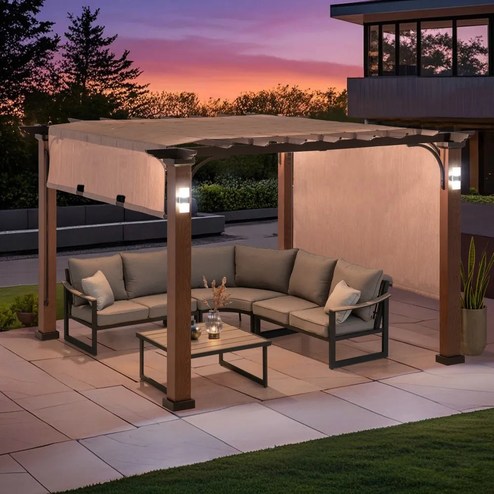 Metal Pergola with Sliding Canopy and Solar Post Lights, 11 ft.