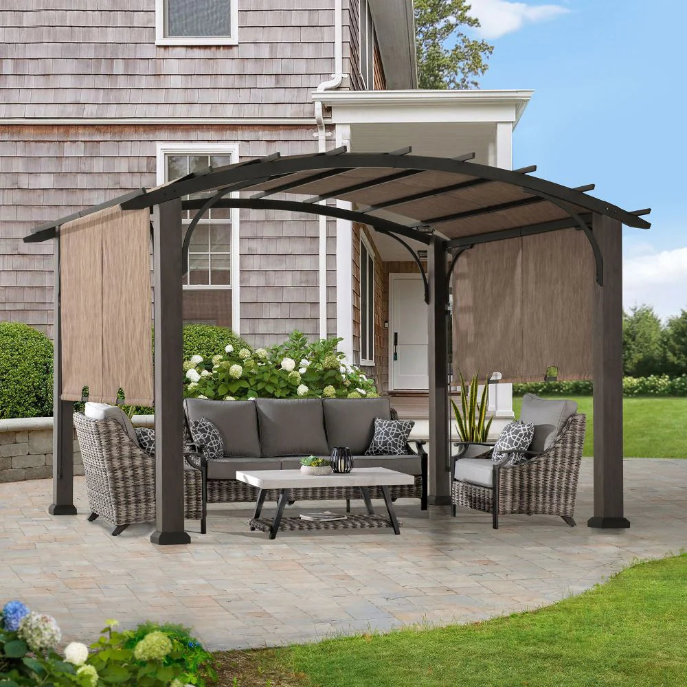 Metal Pergola with Retractable Canopy and Curved Roof, 10 ft. x 12 ft.