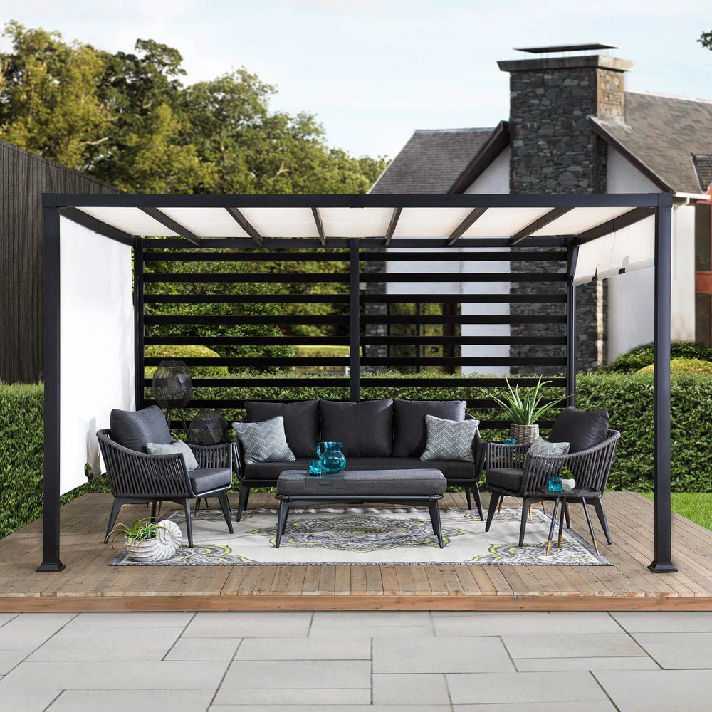 Steel Pergola with Adjustable Canopy and Privacy Wall, 10 ft. x 12 ft.