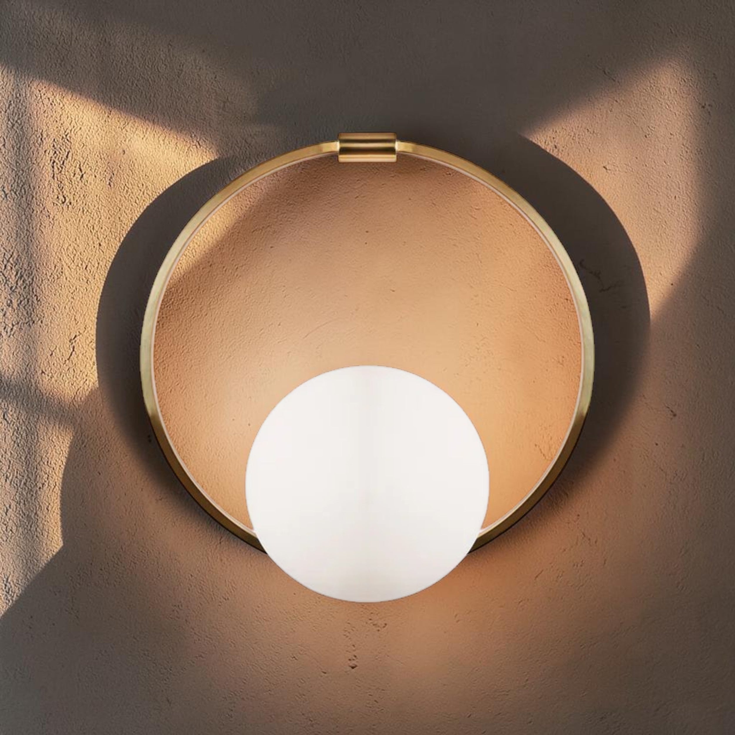 Modern Brass Ring, Wall Light with Opal Glass Globe
