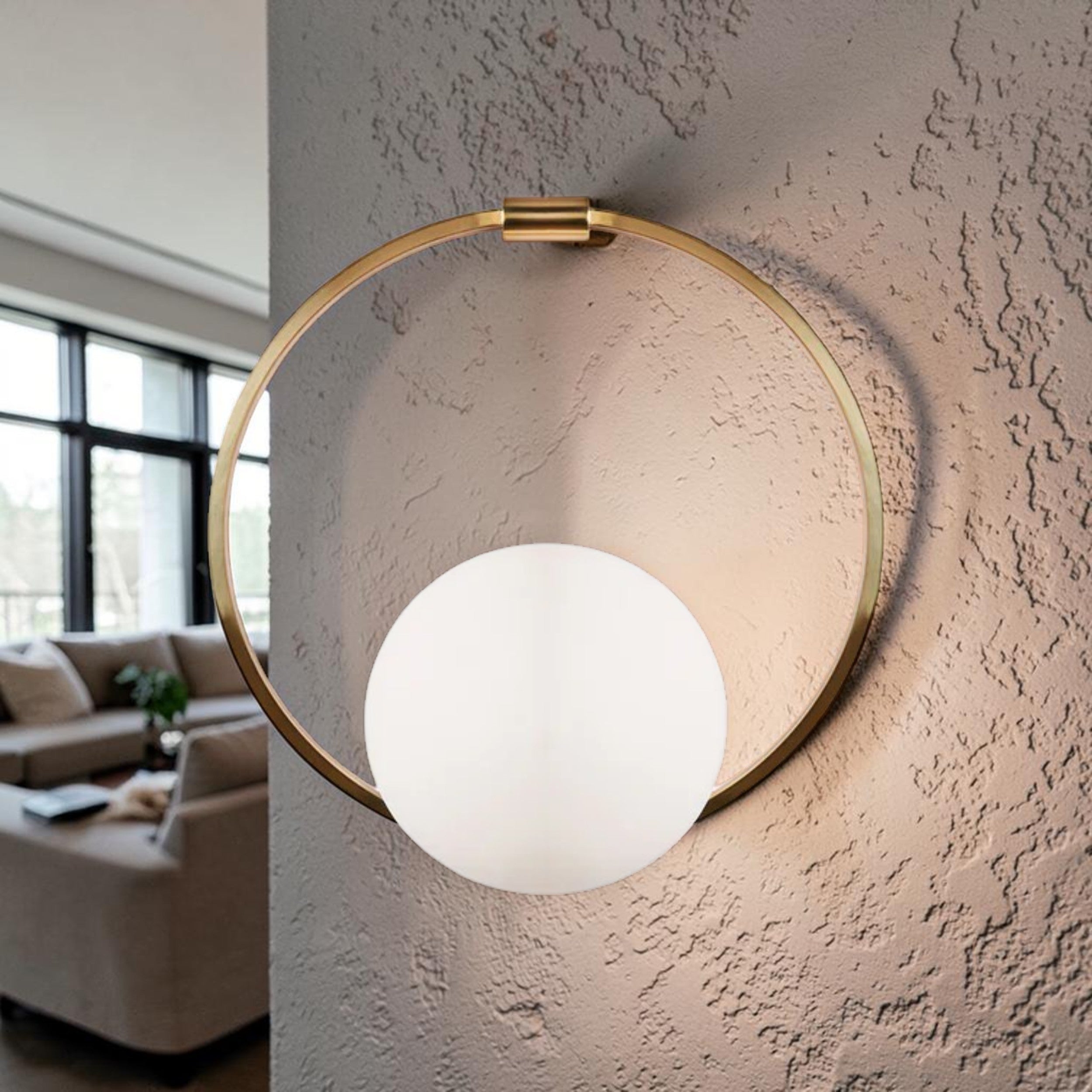 Modern Brass Ring, Wall Light with Opal Glass Globe