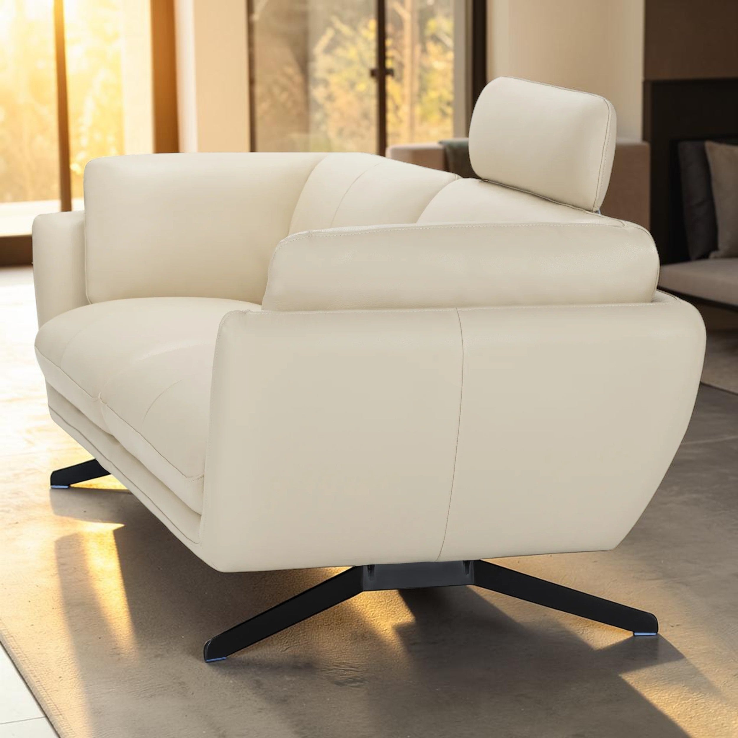 Modern Cream Leather, Living Room Sofa with Adjustable Headrest