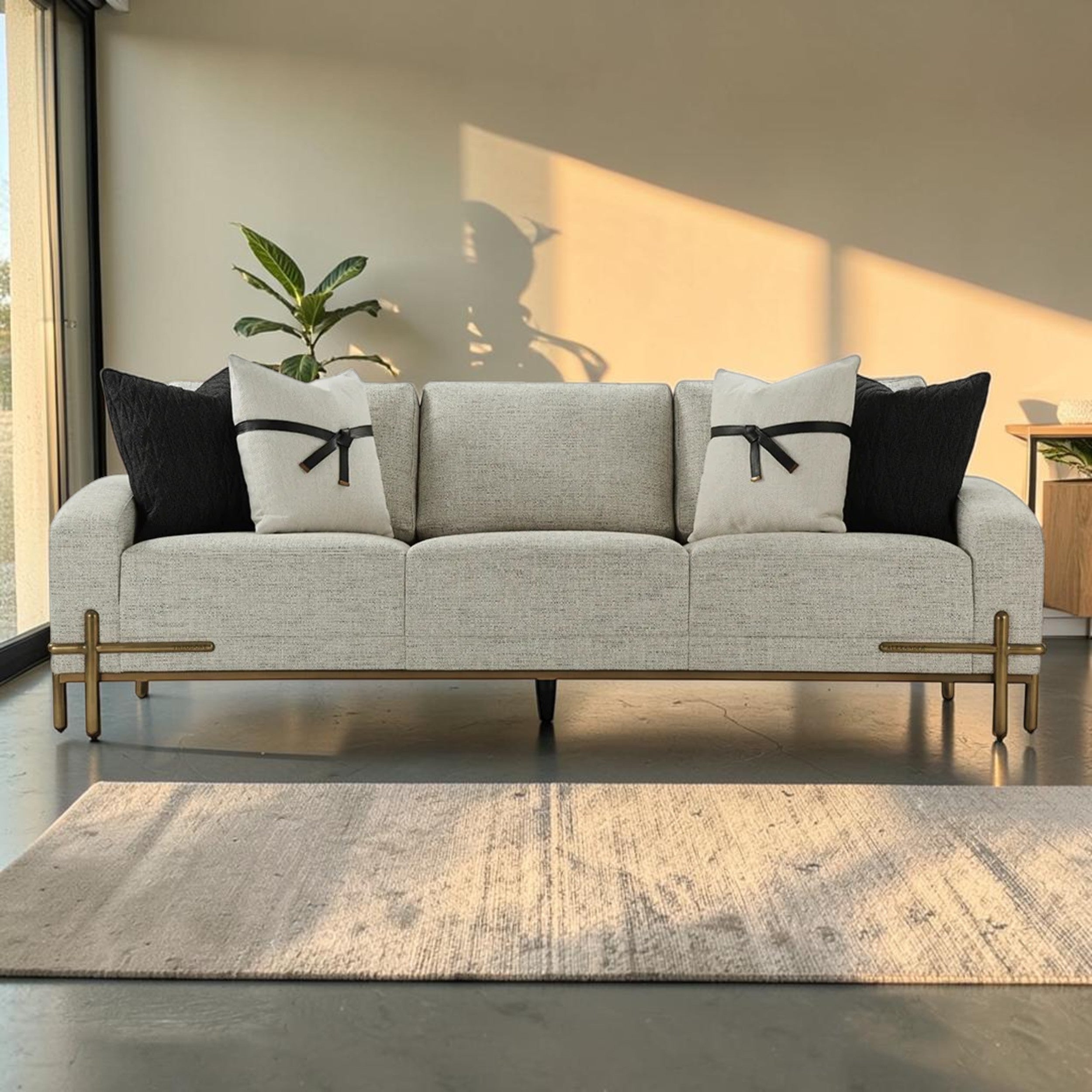 Modern Upholstered, Living Room Sofa with Bronze Metal Accents
