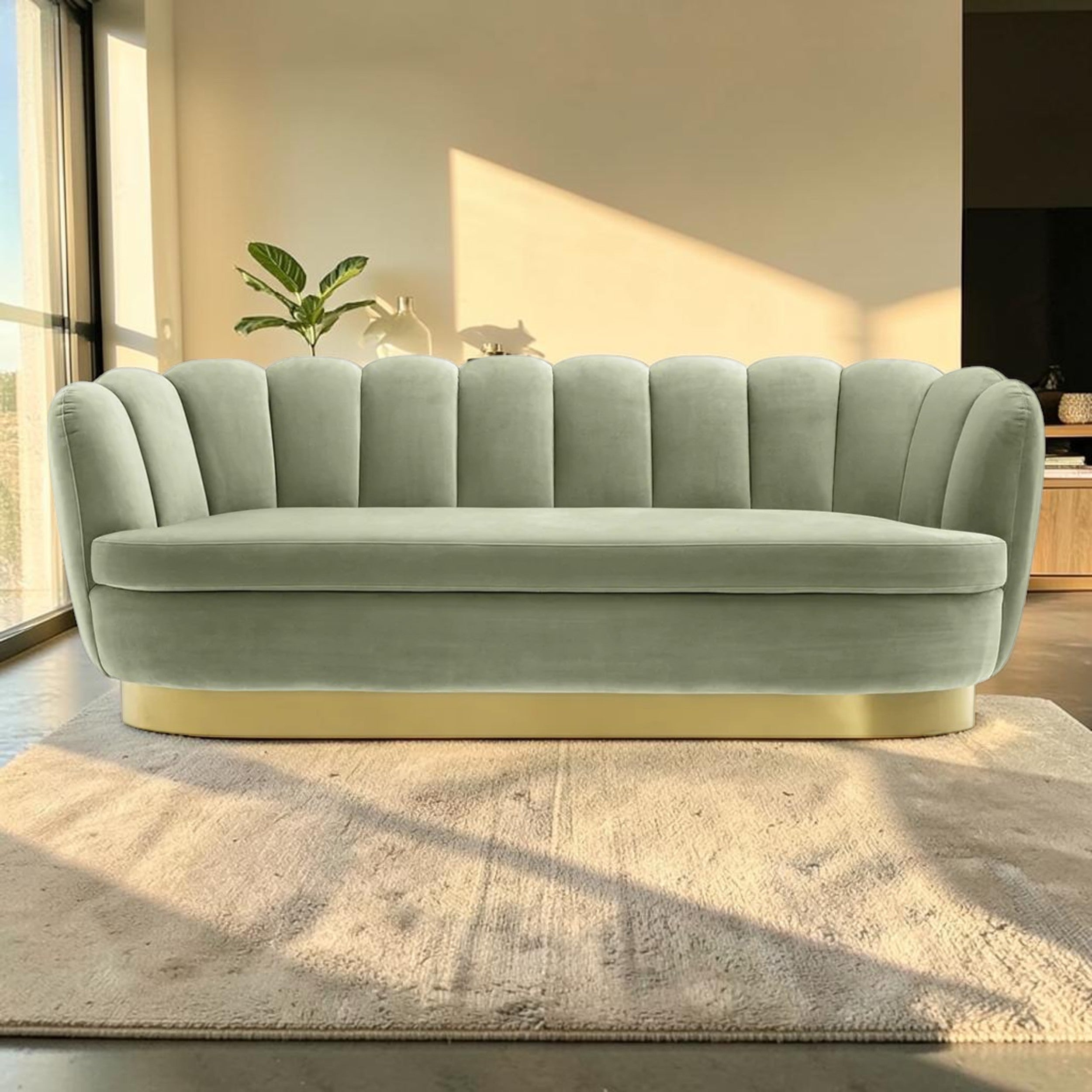 Pistachio Green Velvet, Living Room Sofa with Brass Base
