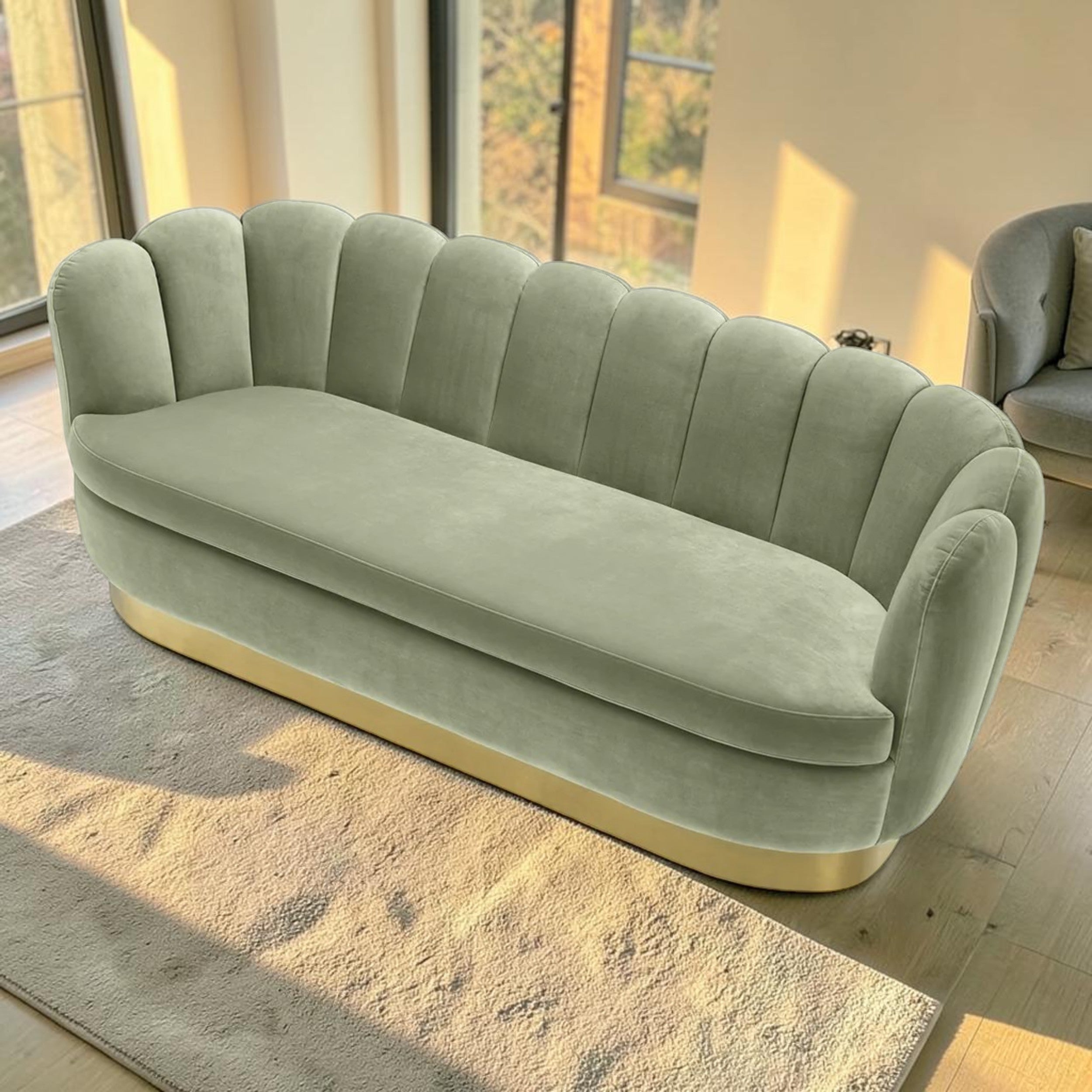 Pistachio Green Velvet, Living Room Sofa with Brass Base