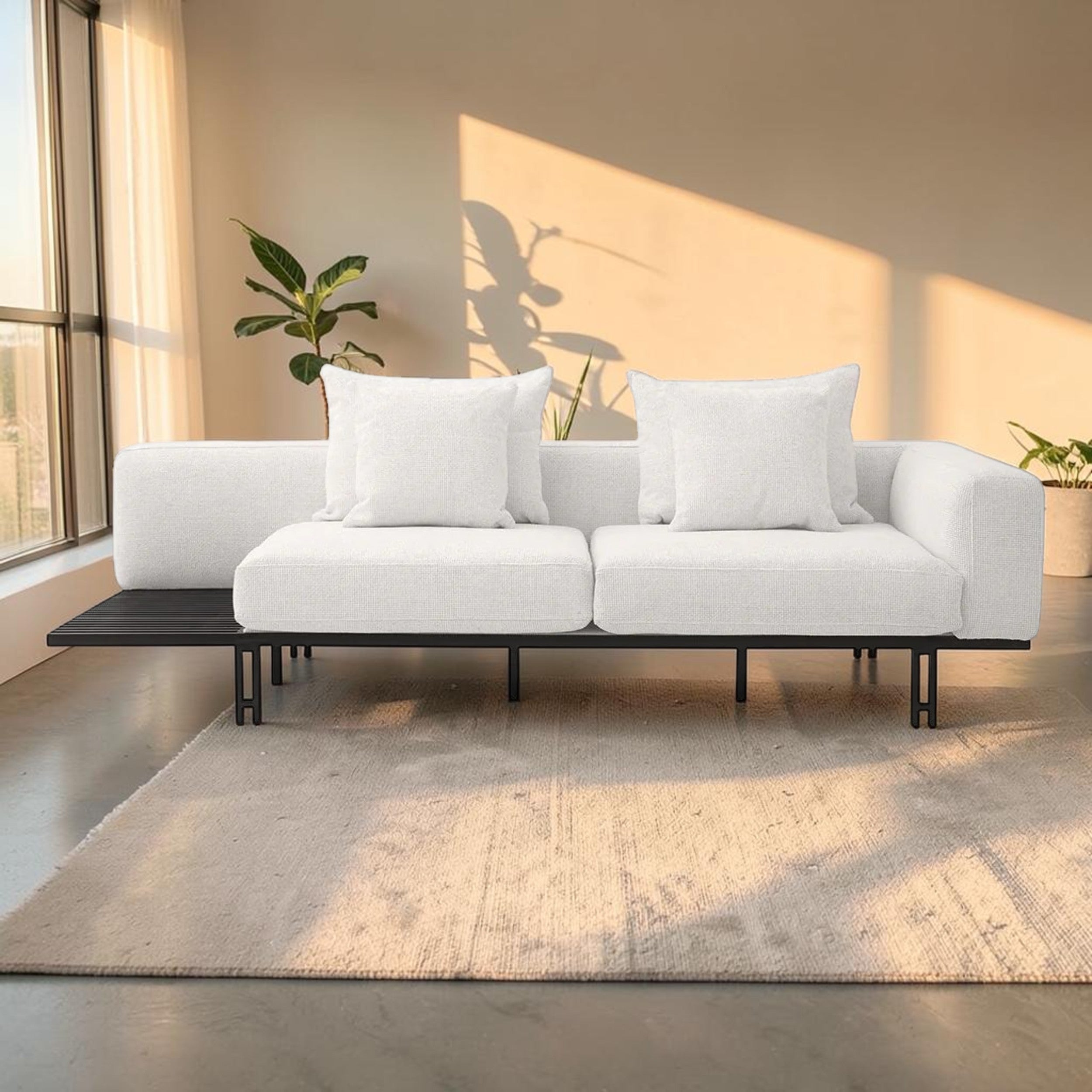 Modern Off White, Living Room Sofa with Integrated Side Table