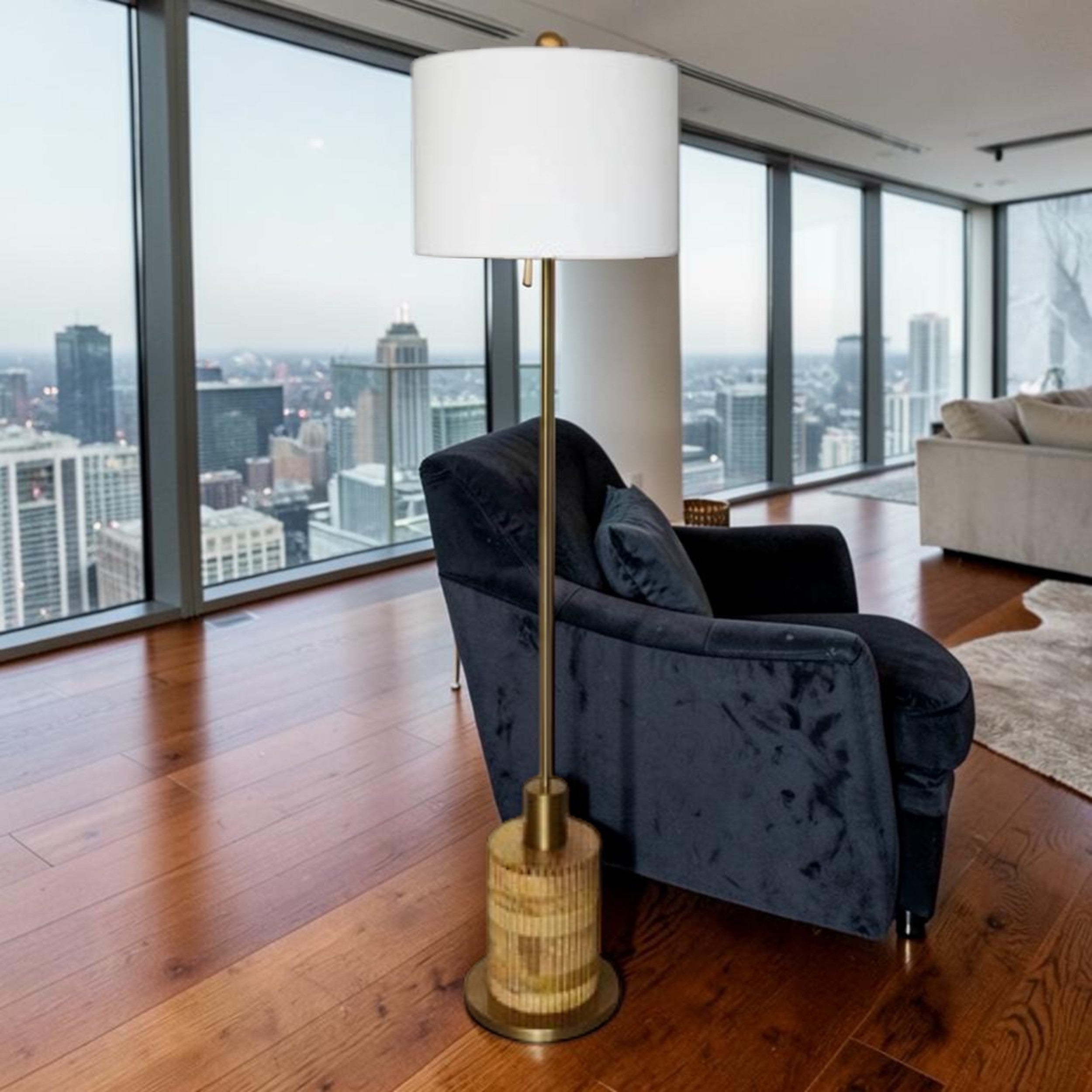 Wood Base, Floor Lamp with Brass Accents