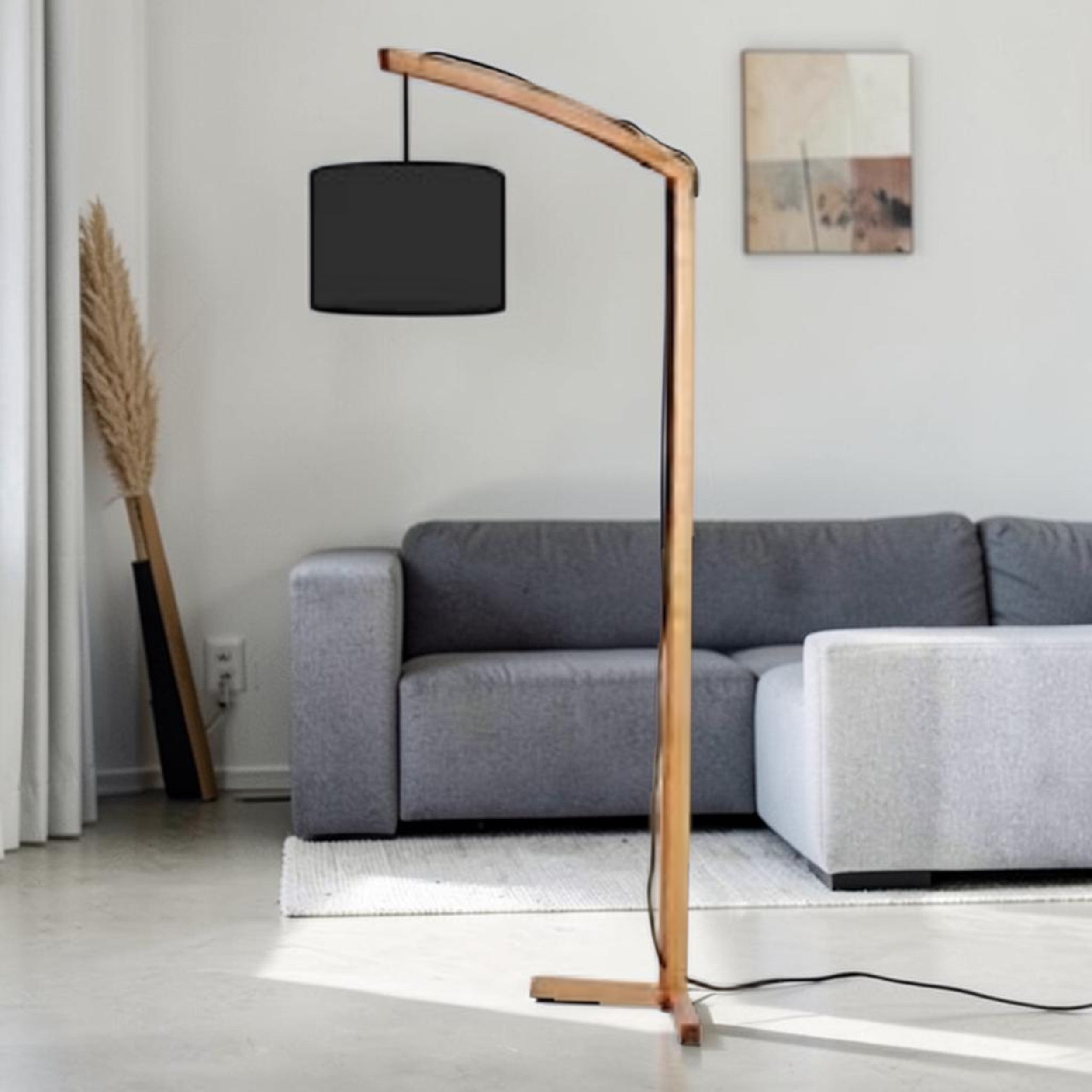 Natural Wood, Floor Lamp with Black Shade