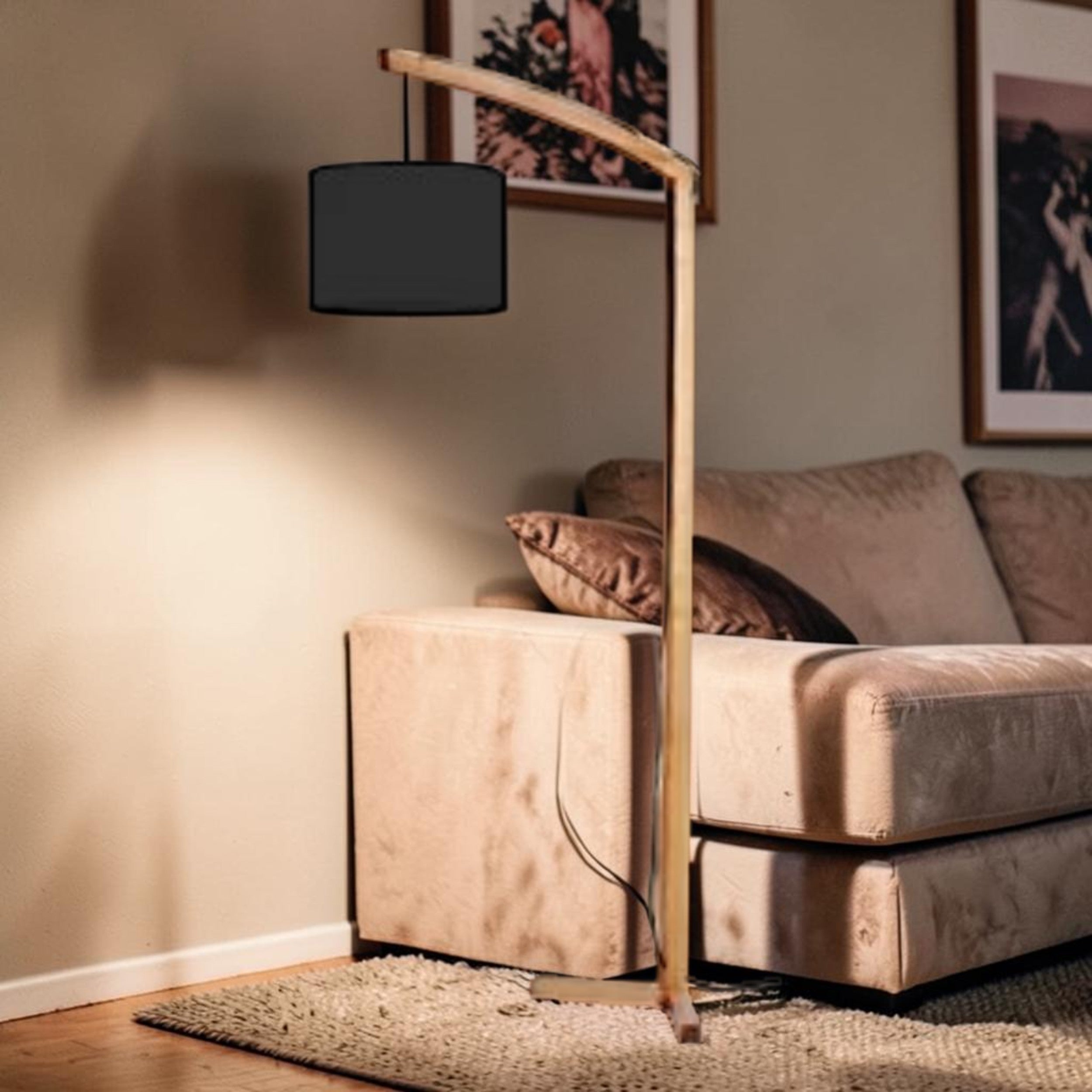 Natural Wood, Floor Lamp with Black Shade