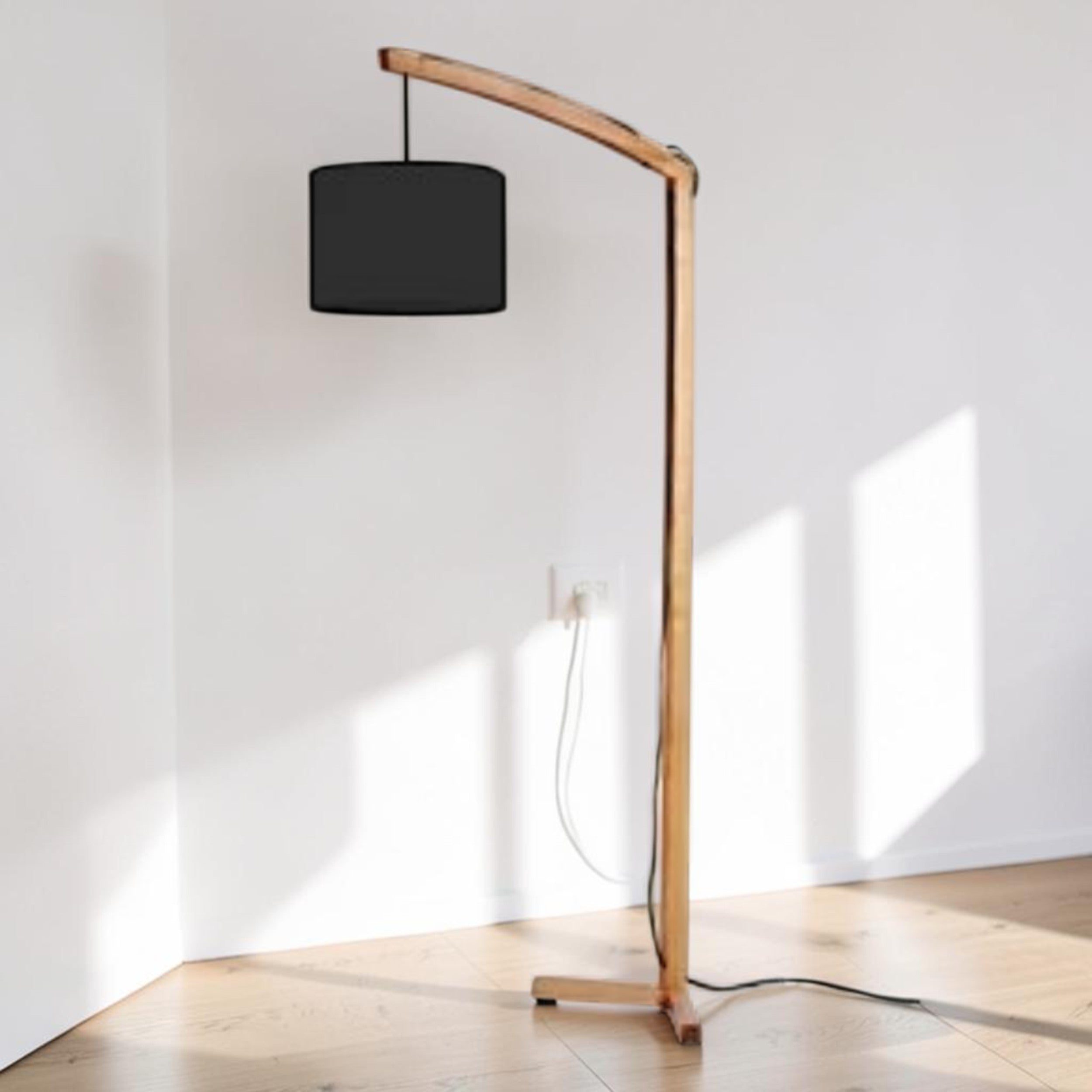 Natural Wood, Floor Lamp with Black Shade